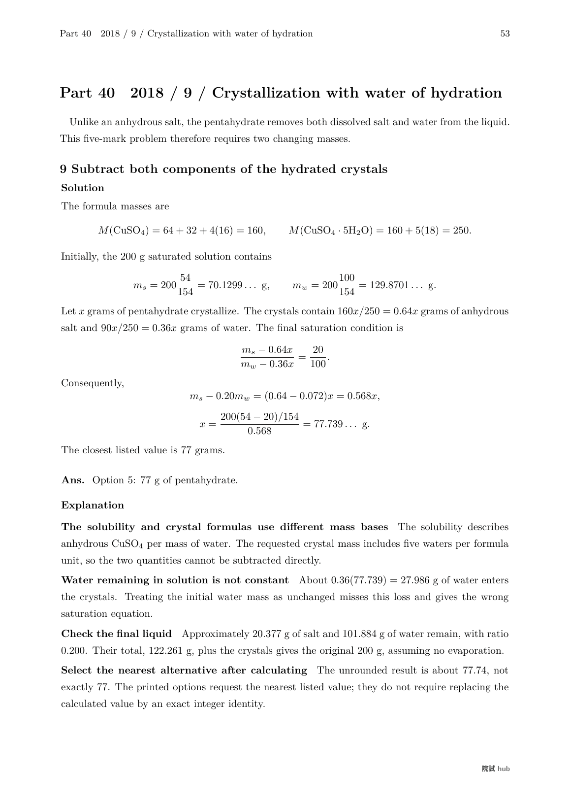 KOSEN Chemistry 2018 problem 9: salt and water balances during crystallization