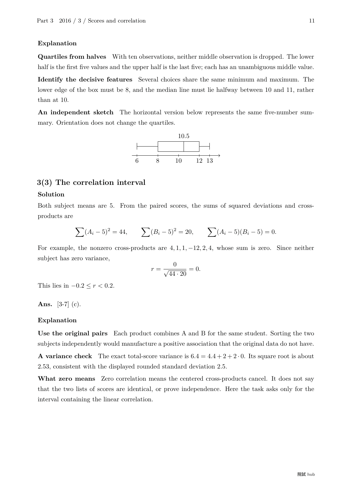 2016 Mathematics A: boxplot and zero correlation worked explanation
