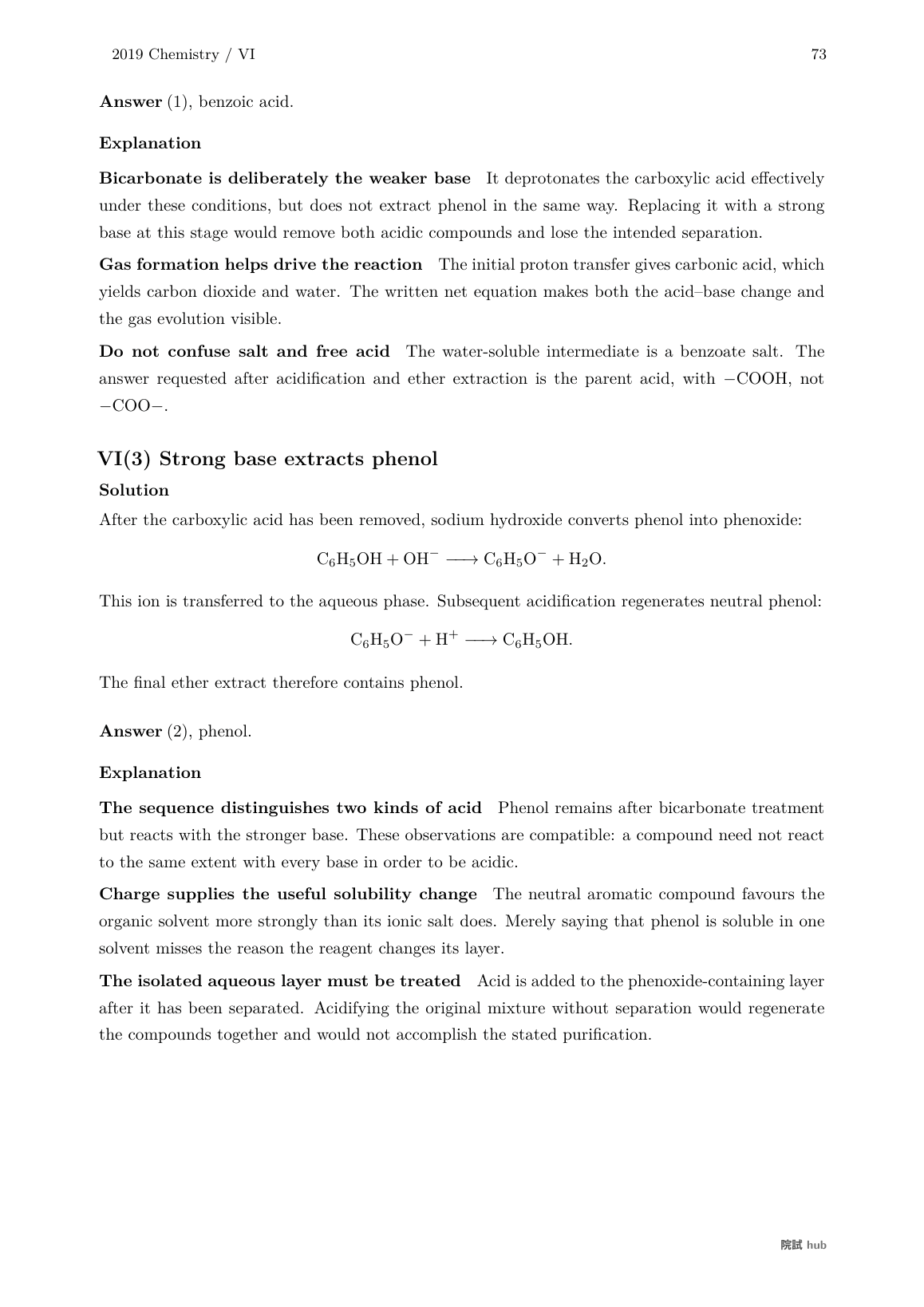 2019 Chemistry problem VI: transferring phenol to the aqueous layer with strong base