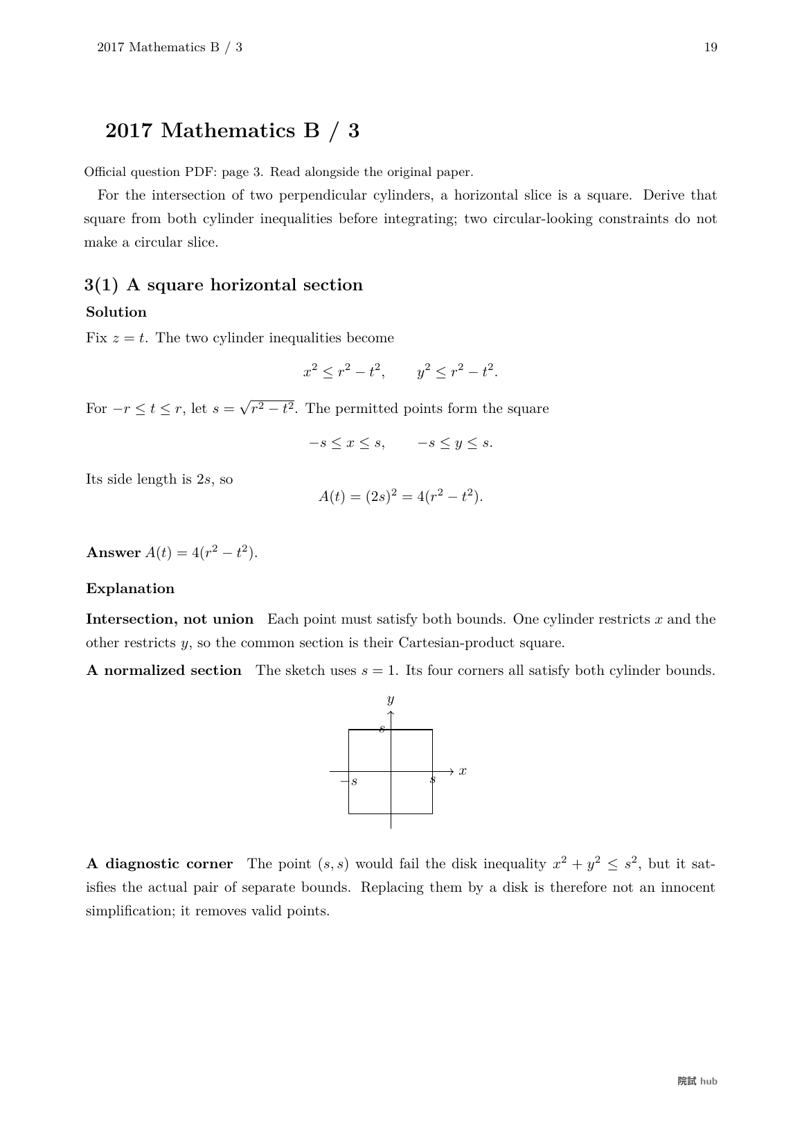 2017 Mathematics B problem 3: square sections of intersecting solids