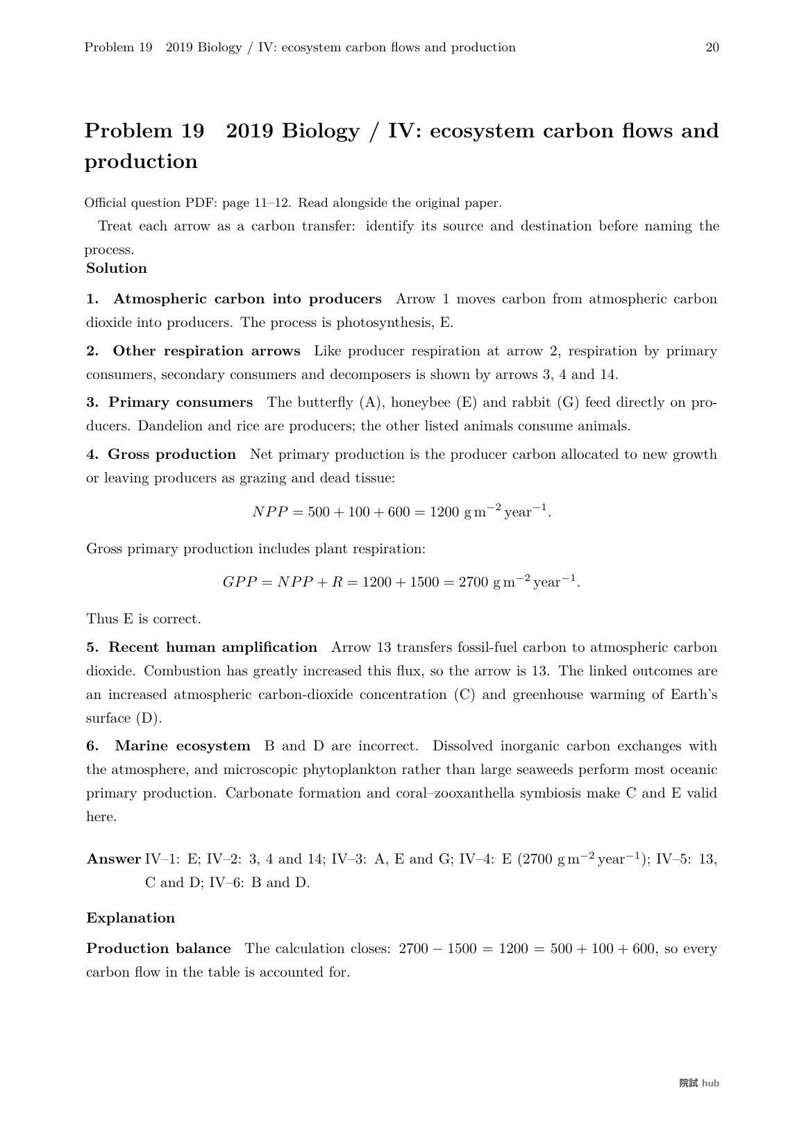 2019 Biology problem IV: ecosystem carbon flow and gross primary production