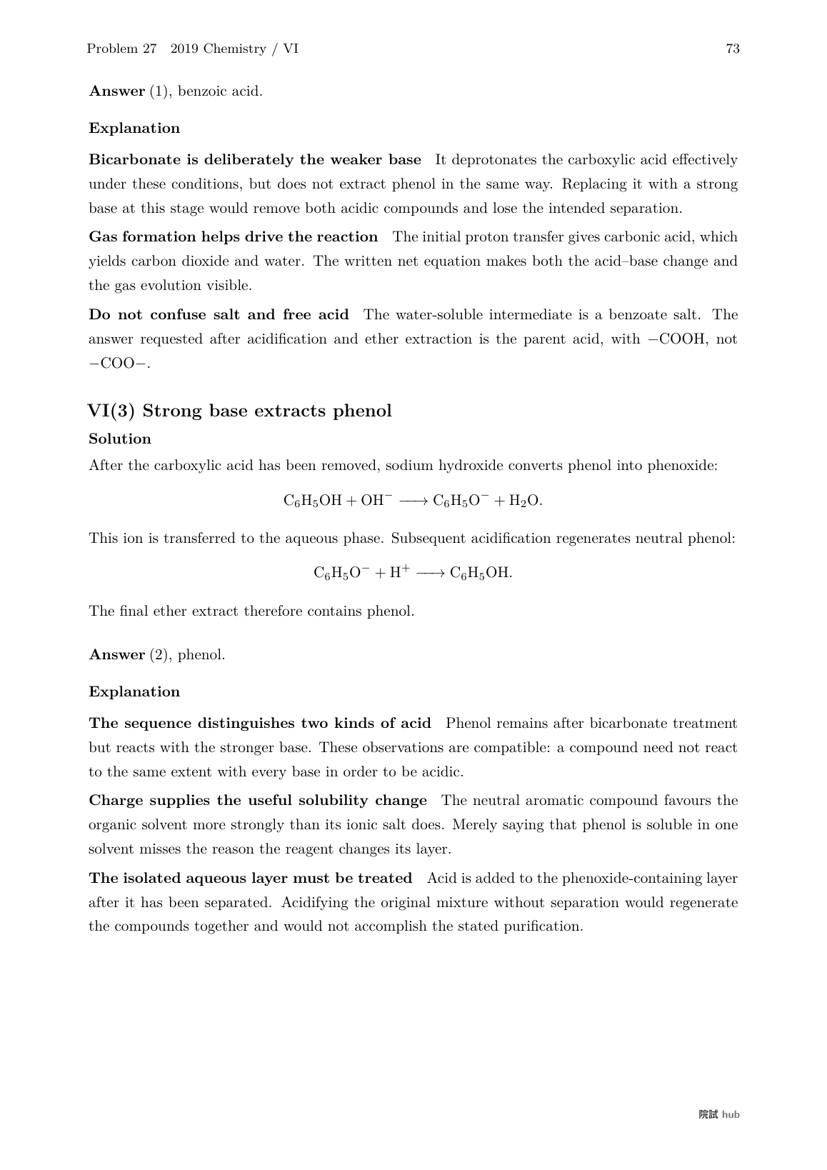 2019 Chemistry problem VI: extracting phenol with strong base