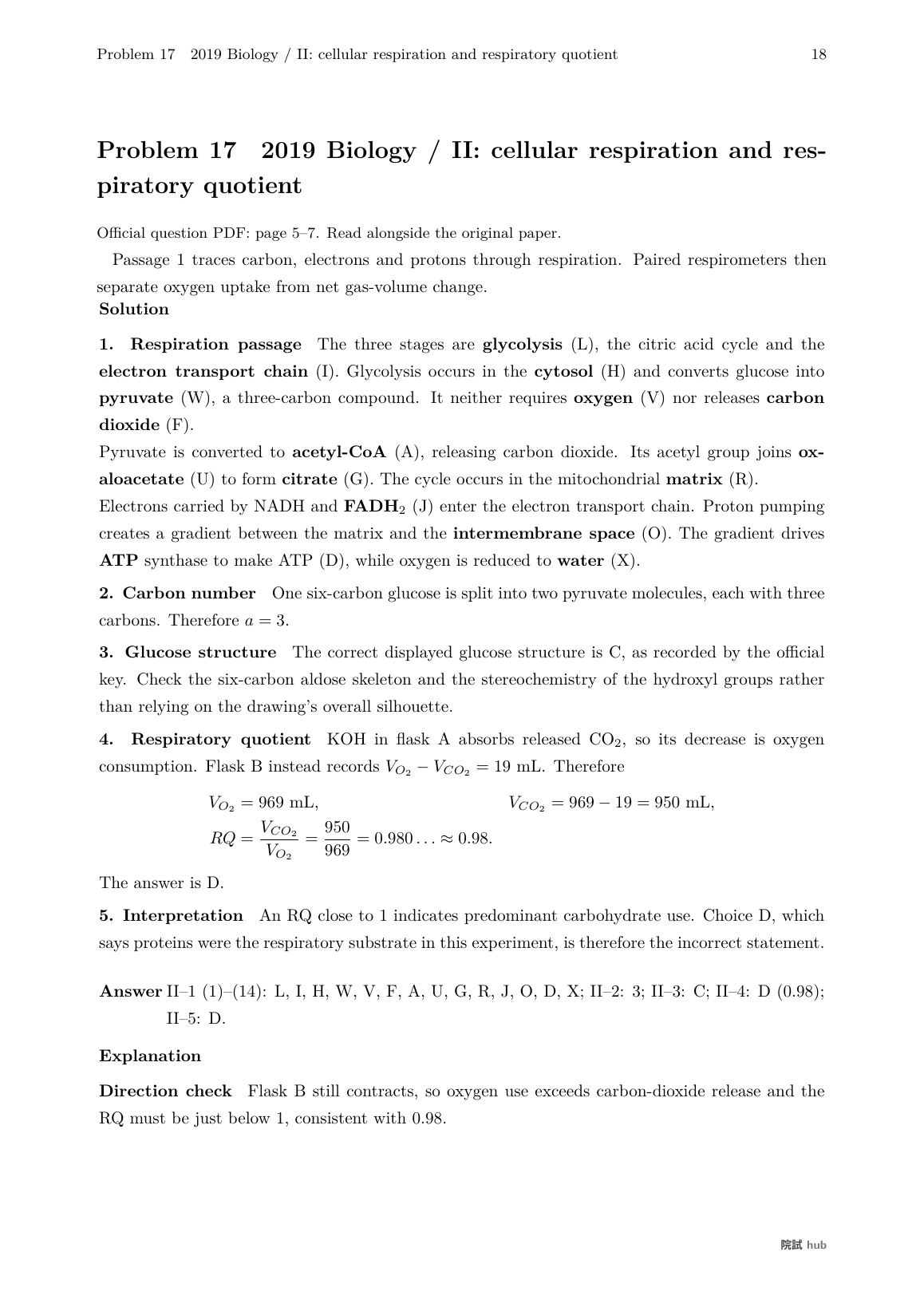 2019 Biology problem II: cellular respiration and respiratory quotient