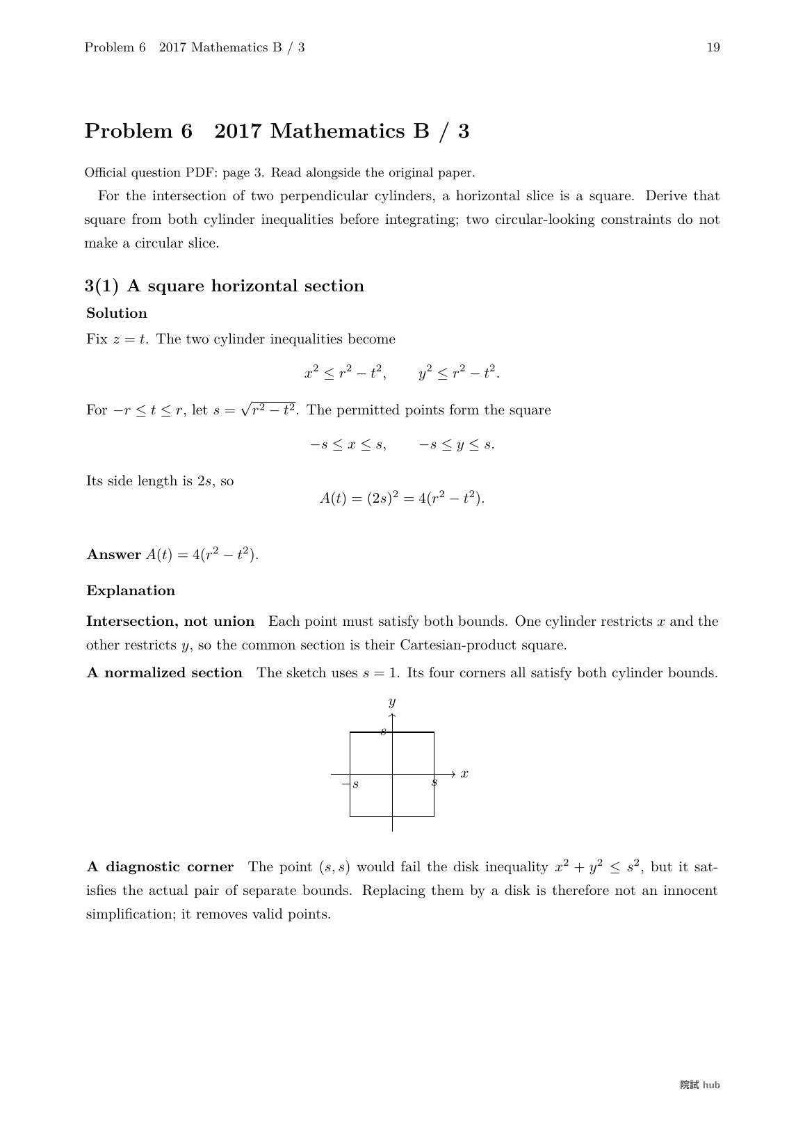 2017 Mathematics B problem 3: square sections of intersecting solids