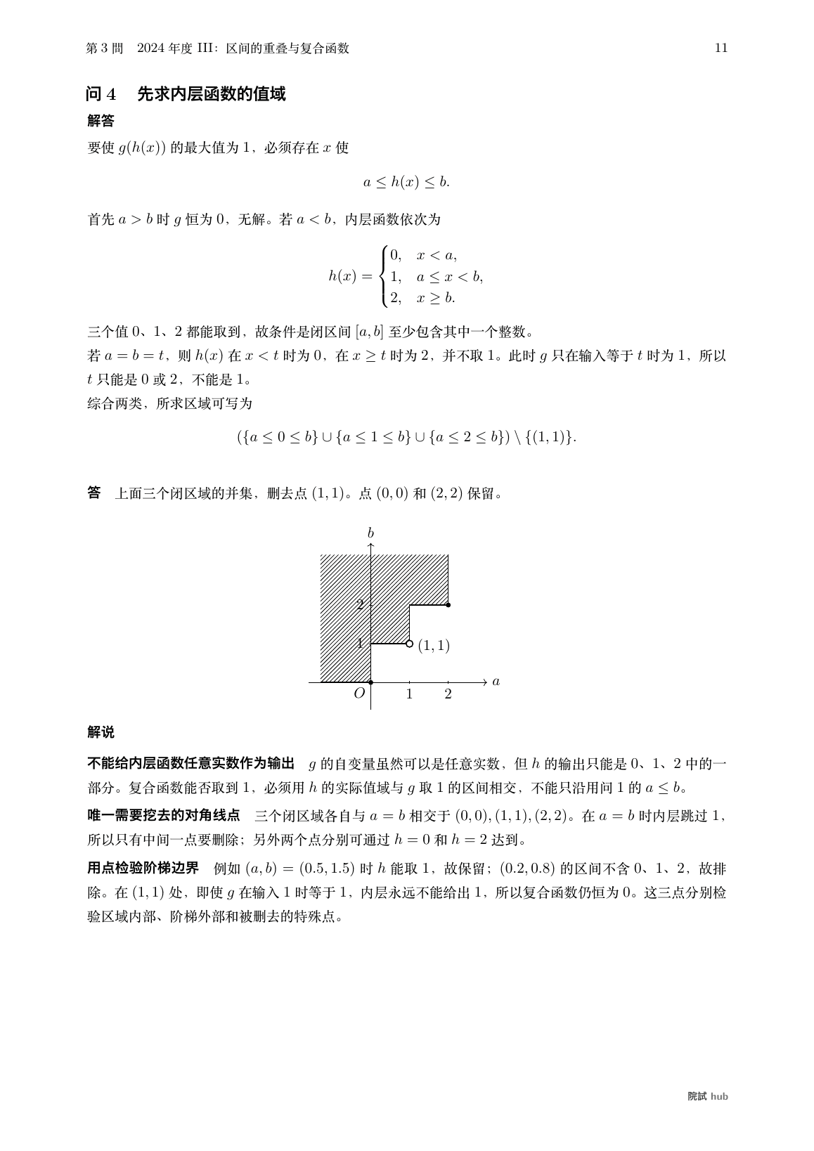 2024年度III问4:复合函数值域、阶梯区域与被排除的点(1,1)