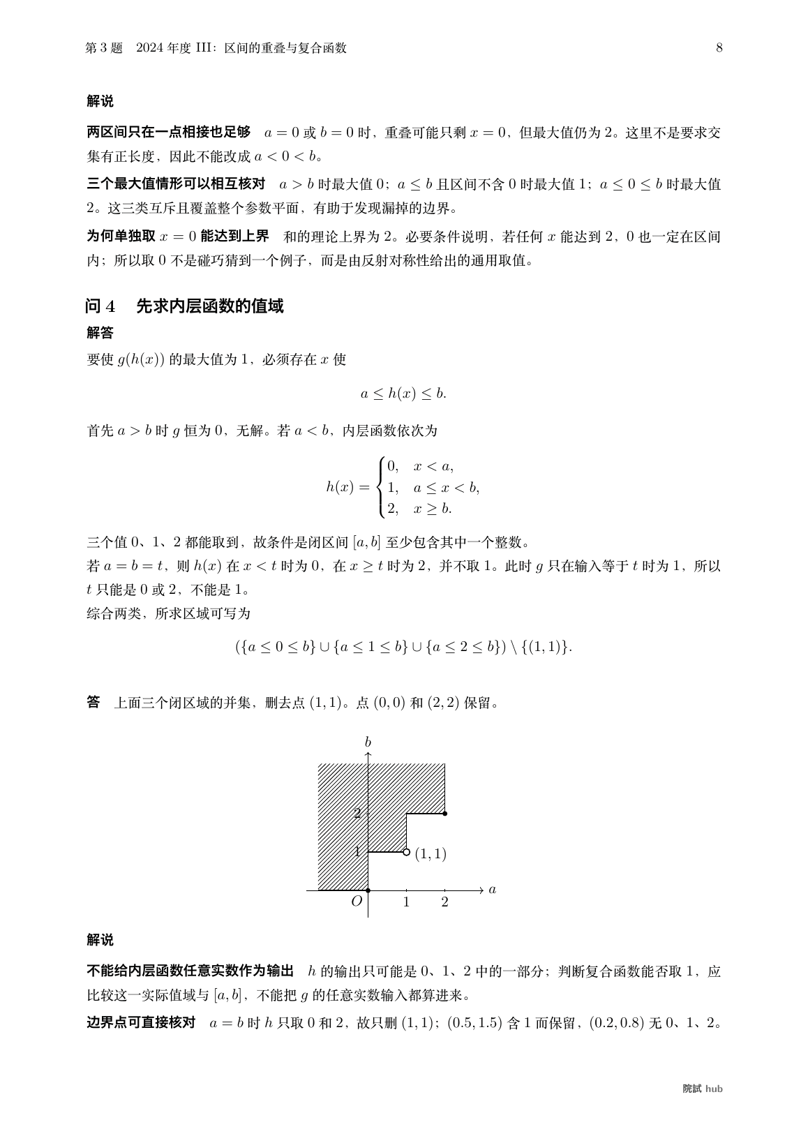 2024年度III问4:复合函数值域、阶梯区域与被排除的点(1,1)