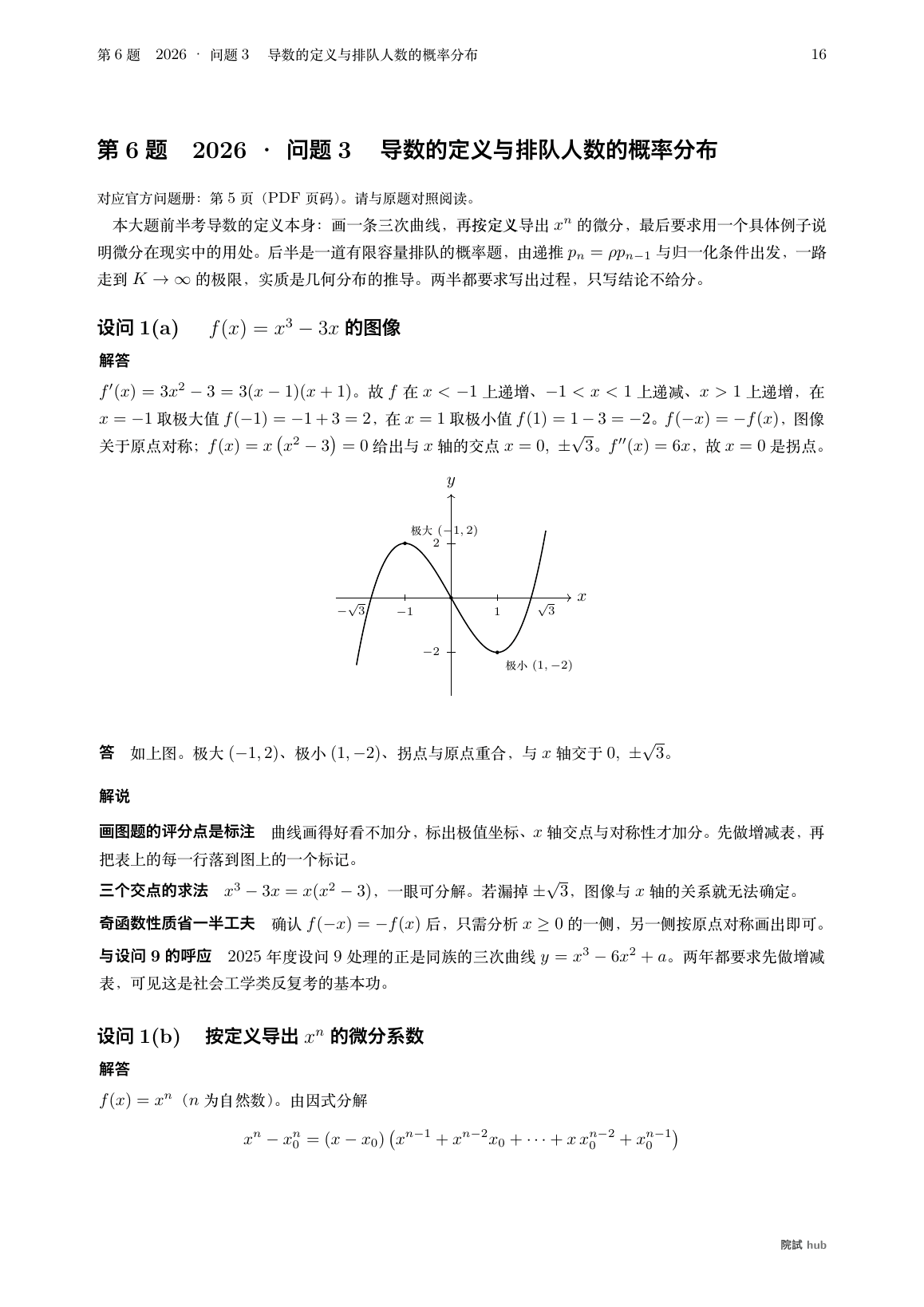 2026年度问题3设问1(a):y=x³−3x的图像,标出极大极小与x轴交点